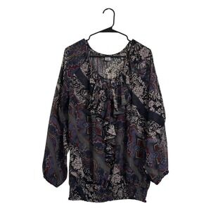 Jockey Person to Person Sheer Floral Ruffle Blouse Blue Burgundy Women's Size S